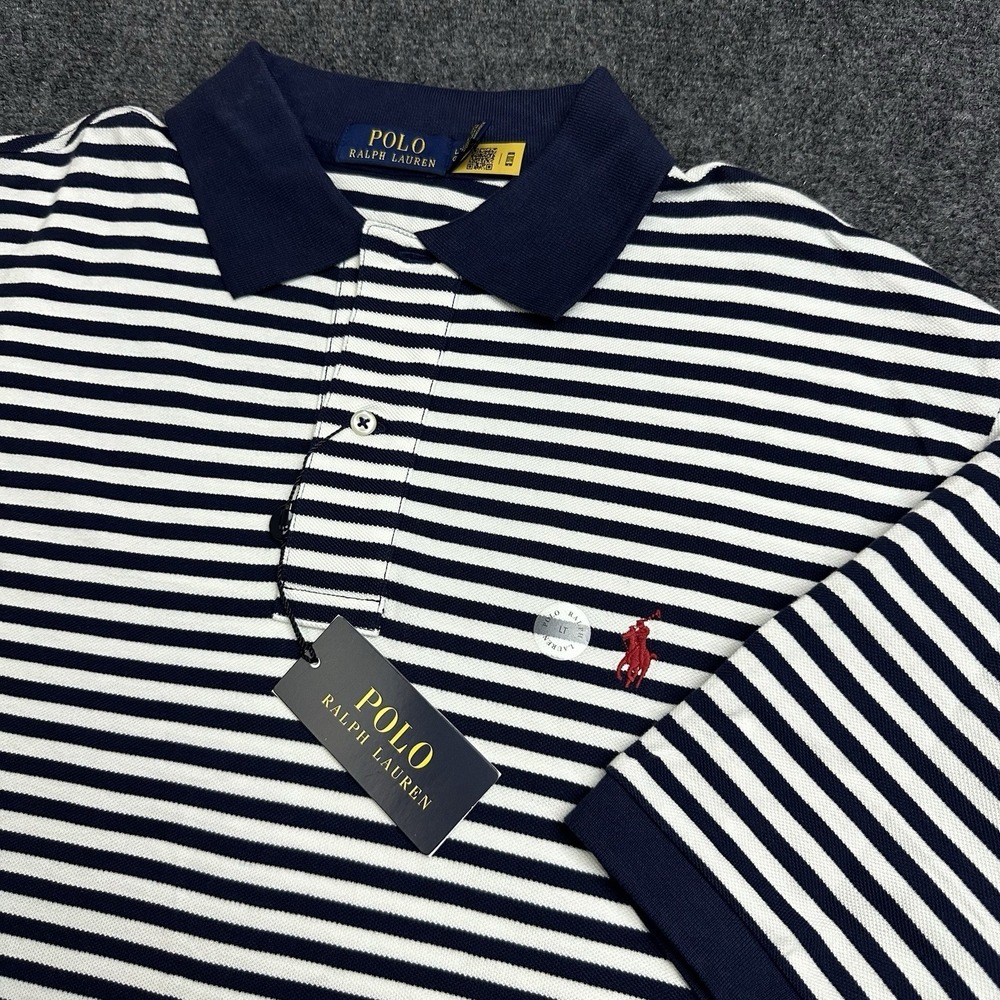 Polo Ralph Lauren Mens LT Navy White Striped Classic Fit Polo Shirt 711956682001